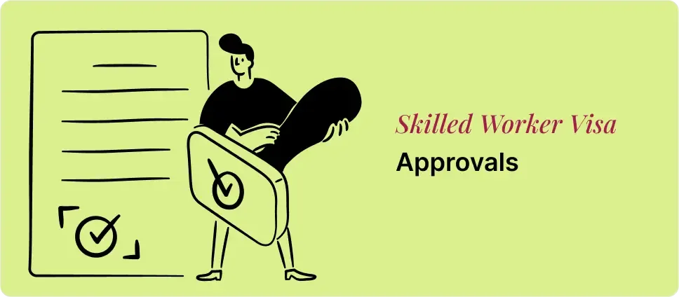 Illustration of Skilled Worker Visa approval process, showing a person holding a large approval stamp with a checkmark and official documents