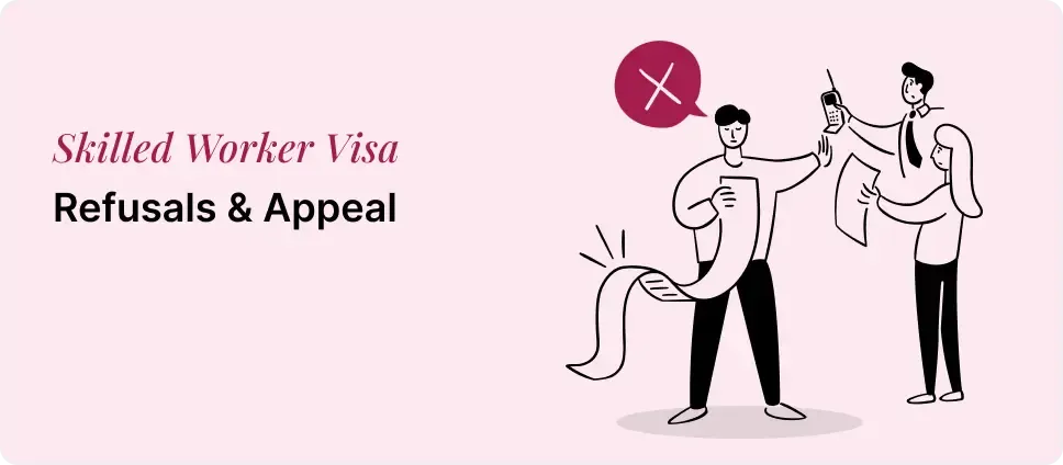 Skilled Worker Visa appeal process illustrated with a red cross and two people