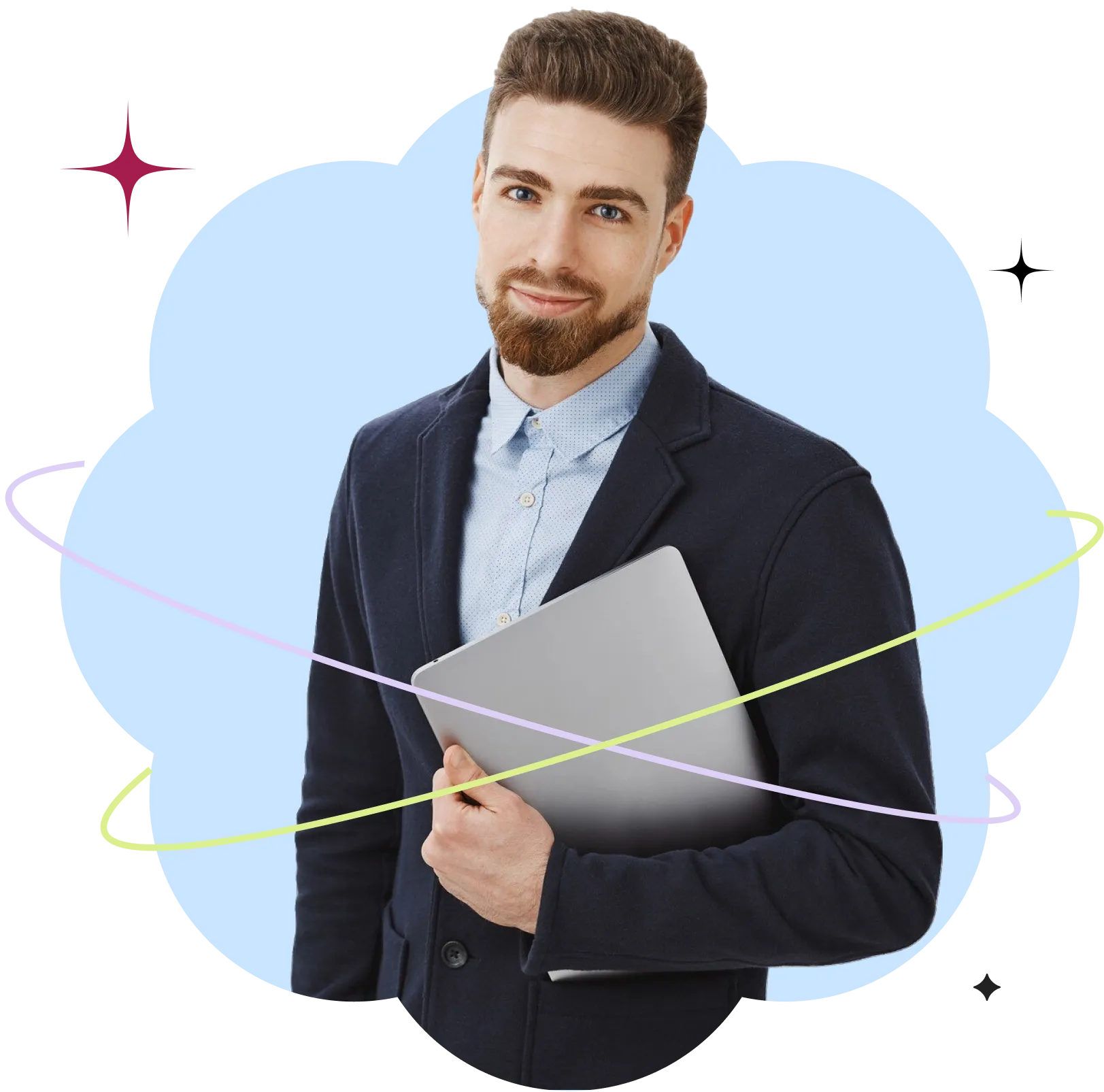 Smiling young man in blazer holding a laptop with colorful abstract background