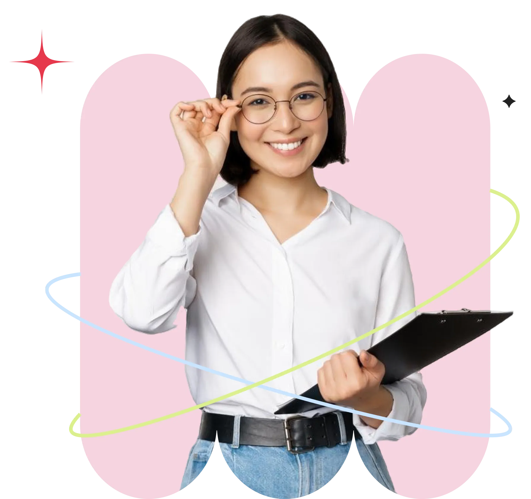 Confident young woman in glasses holding a clipboard, standing in front of a pink background with abstract lines