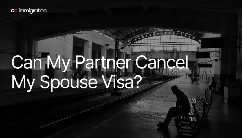 Dark train station scene with person sitting alone and overlaid question about spouse visa cancellation