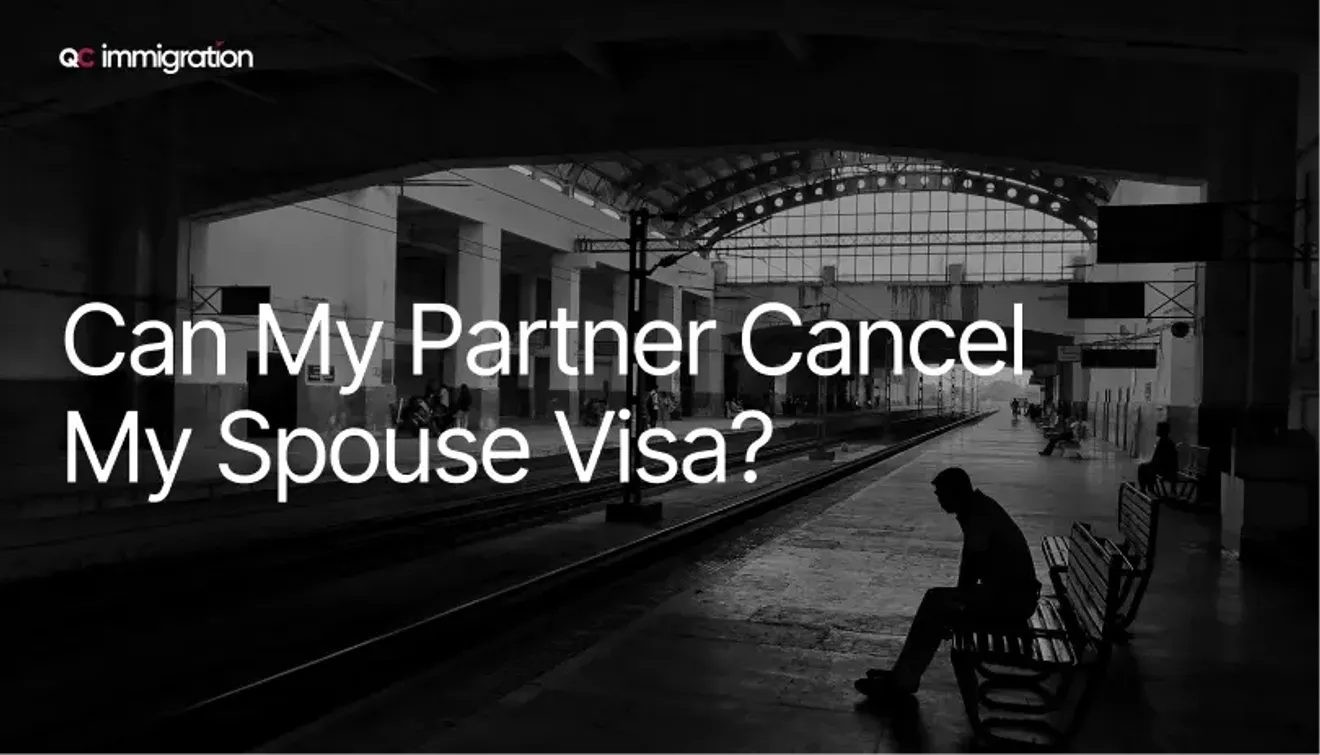 Dark train station scene with person sitting alone and overlaid question about spouse visa cancellation