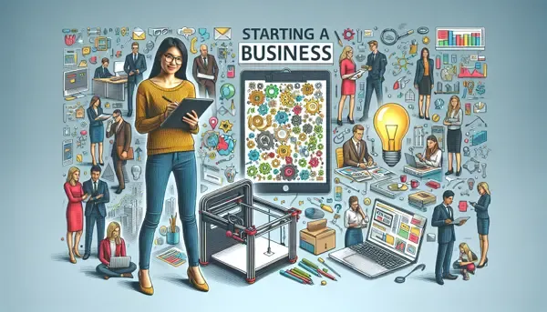 Illustration of a woman surrounded by business concepts like technology, innovation, and teamwork, representing the process of starting a business