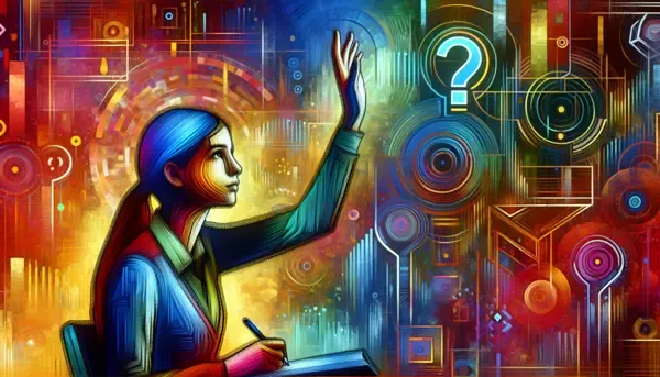 Abstract illustration of a student raising hand with colorful background and question mark, representing curiosity and learning in education.