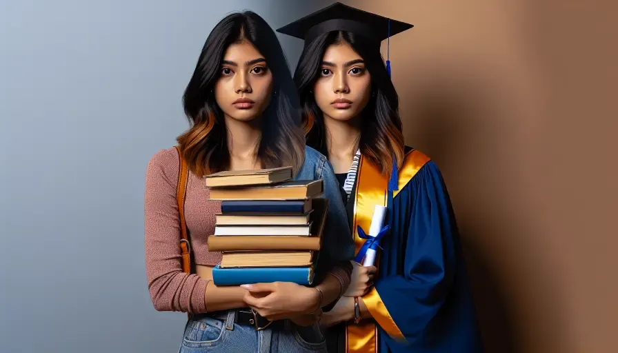 Twin sisters, one in casual attire holding books and the other in a graduation gown, representing education and academic achievement