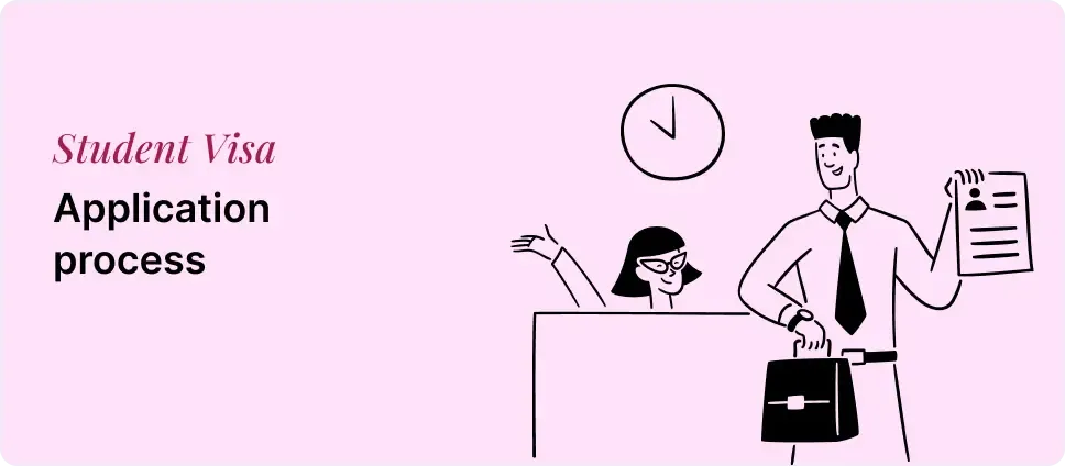 Student Visa application steps shown with two people and a document