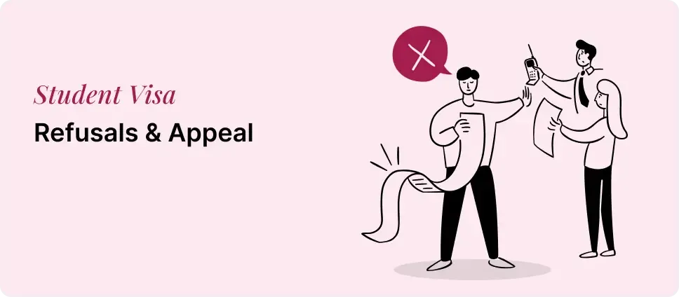 Illustration of Student Visa refusal and appeal process, showing individuals reviewing documents and a denial symbol