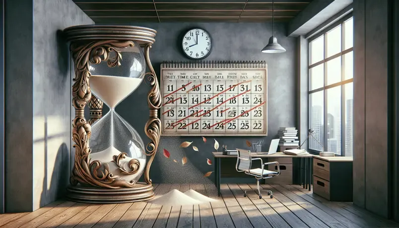 Surreal image of a large hourglass and a calendar with crossed-out dates in a modern office, symbolizing time management and deadlines