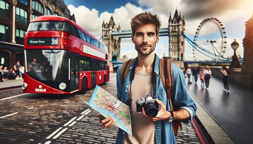 Tourist holding a map and camera near Tower Bridge in London with a red double-decker bus and the London Eye in the background