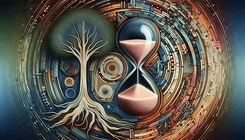 Abstract digital artwork of a tree and hourglass surrounded by concentric mechanical patterns, symbolizing time and growth
