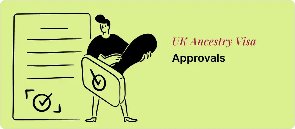 Illustration of UK Ancestry Visa approval process, showing a person holding a large approval stamp with a checkmark and official documents