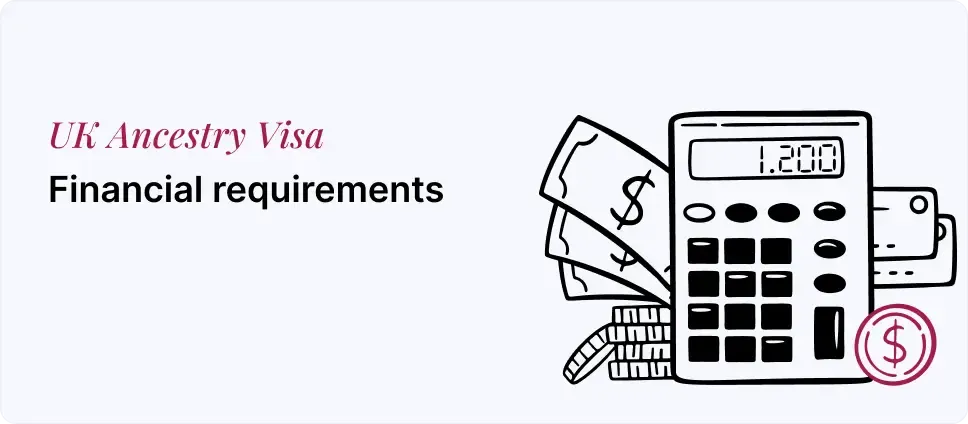 Financial criteria for UK Ancestry Visa depicted with money and a calculator
