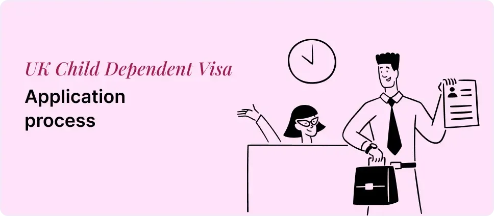 UK Child Dependent Visa application steps shown with two people and a document