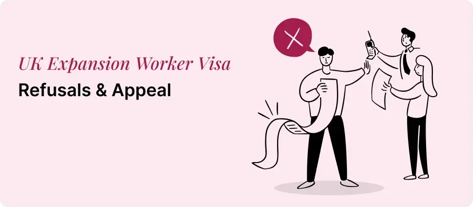 Illustration of UK Expansion Worker Visa refusal and appeal process, showing individuals reviewing documents and a denial symbol
