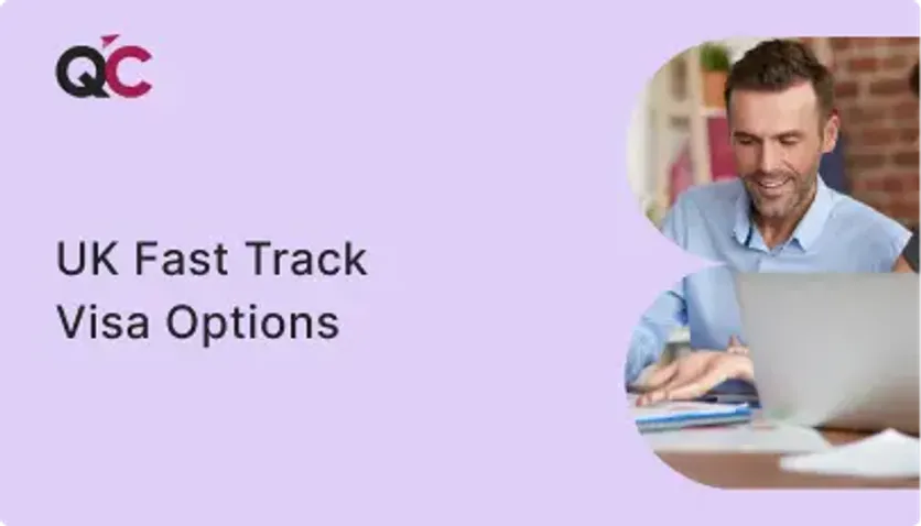 Cover image for QC Immigration's guide on UK Fast Track Visa Options featuring man working on laptop
