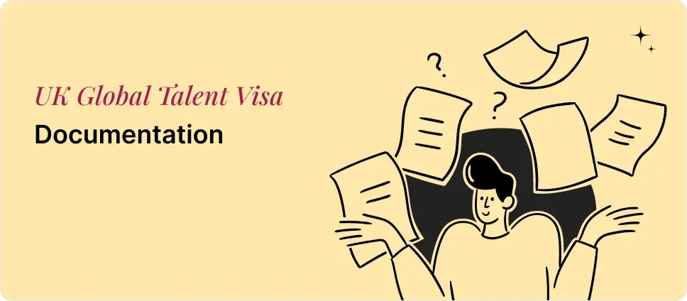 UK Global Talent Visa documentation process illustrated with a person and documents