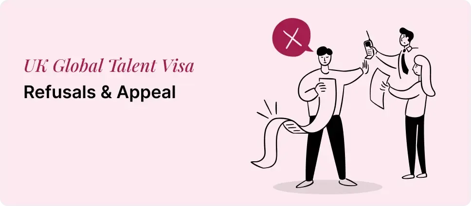 Illustration of UK Global Talent Visa refusal and appeal process, showing individuals reviewing documents and a denial symbol