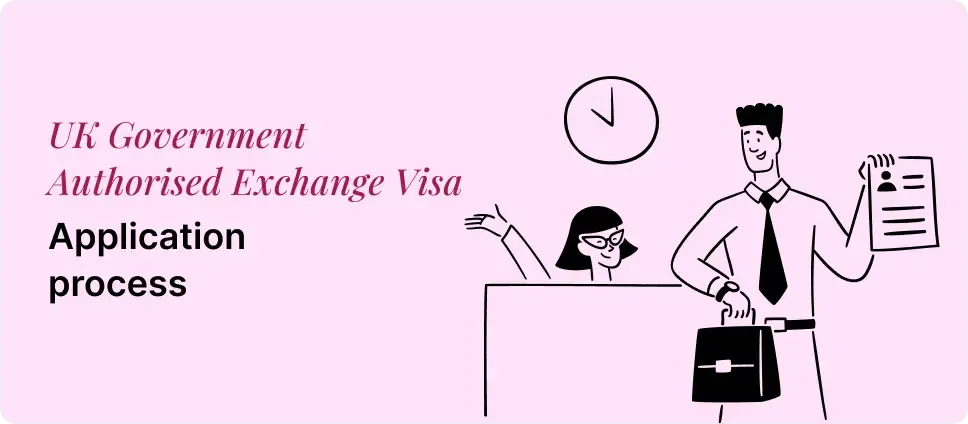 UK Government Authorised Exchange Visa application steps shown with two people and a document
