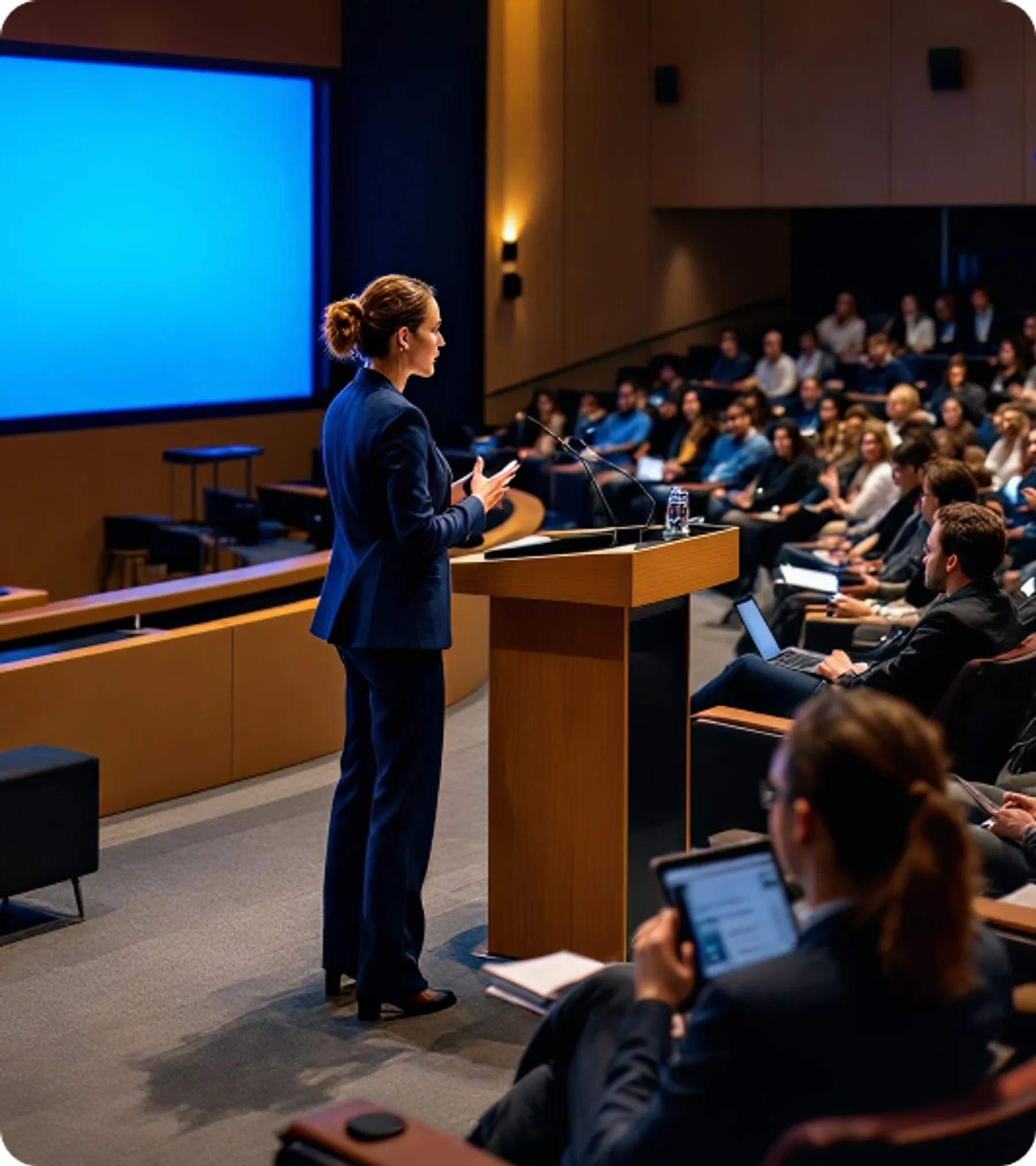 Professional woman speaking at a podium to an audience, symbolizing roles under UK International Agreement Visa including public service and diplomatic professionals