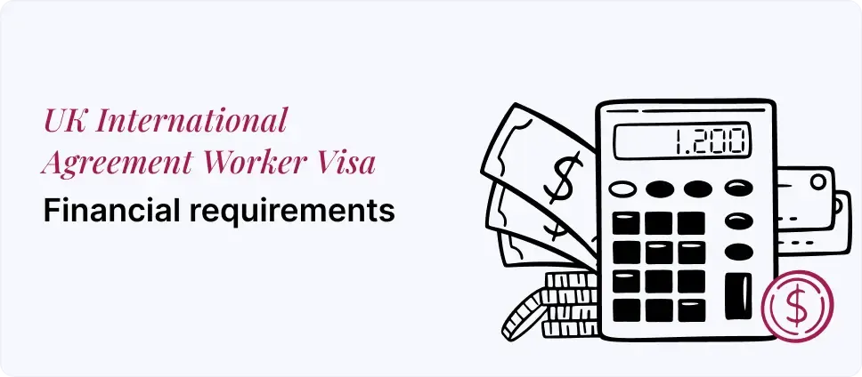 Financial criteria for UK International Agreement Worker Visa depicted with money and a calculator