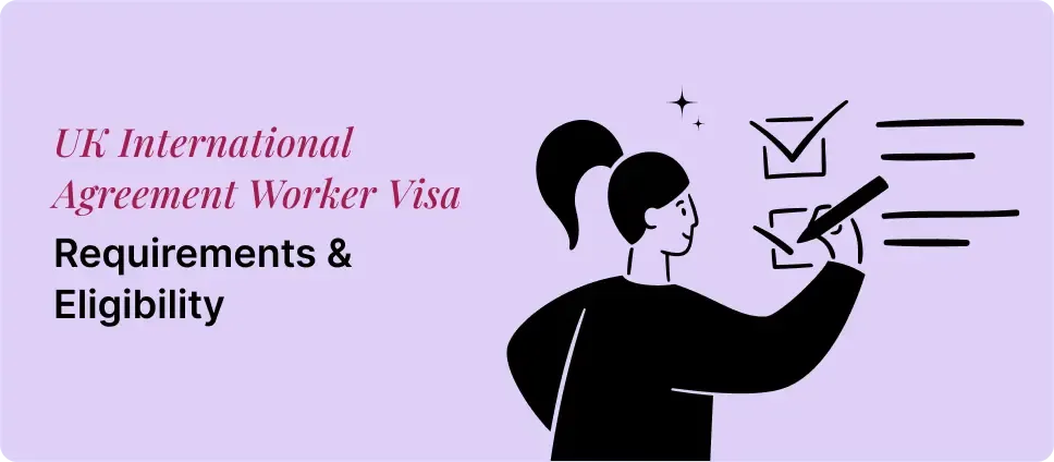 UK International Agreement Worker Visa requirements and eligibility shown with a person checking a list