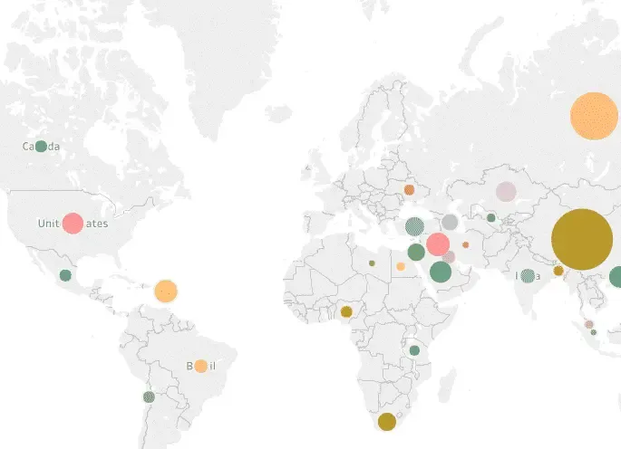 World map showing distribution of UK investor visa applicants with colored circles indicating volume by country