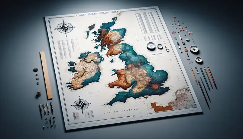 Detailed map of the United Kingdom with geographical features and tools for exploration, illustrating topography and regional distinctions