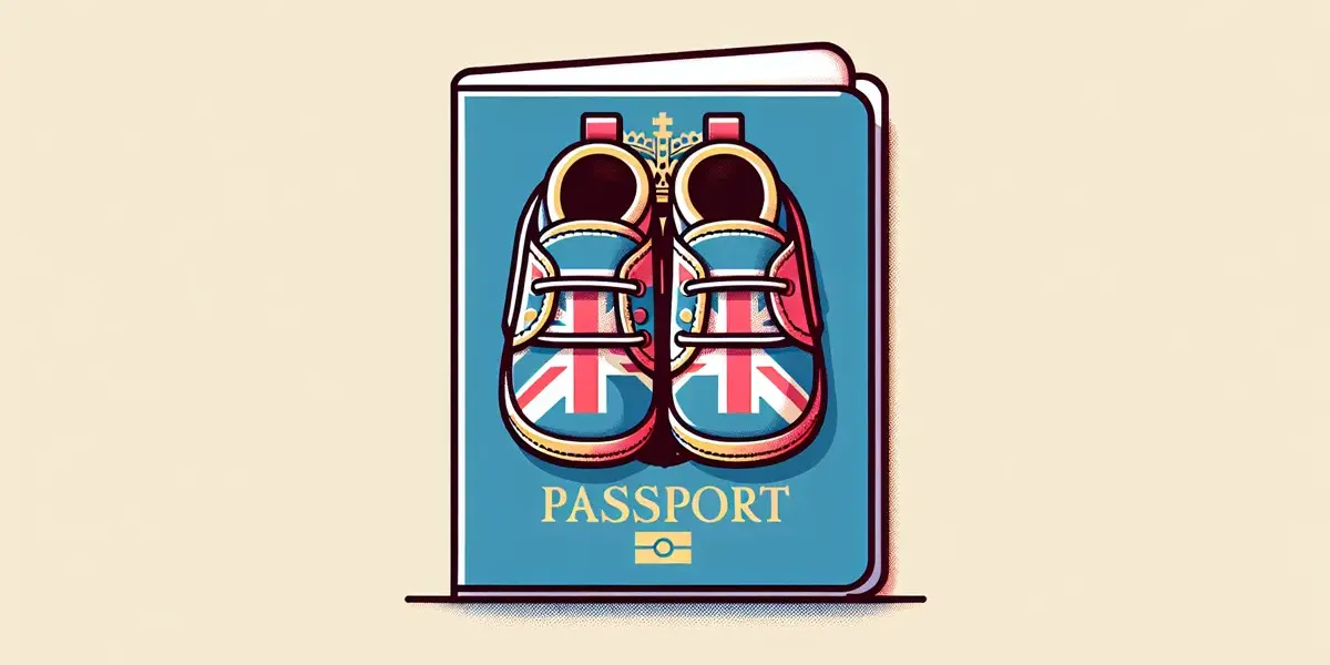 Illustration of a UK passport with baby shoes featuring the Union Jack, symbolizing citizenship and family