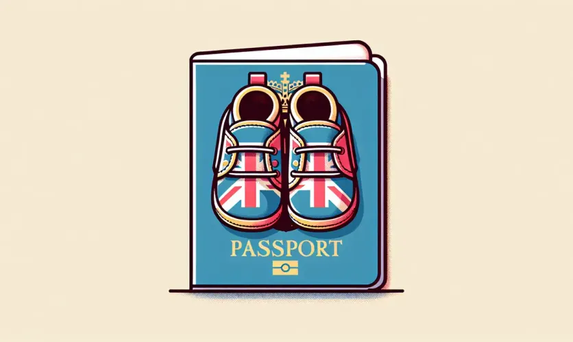 Illustration of a UK passport with baby shoes featuring the Union Jack, symbolizing citizenship and family