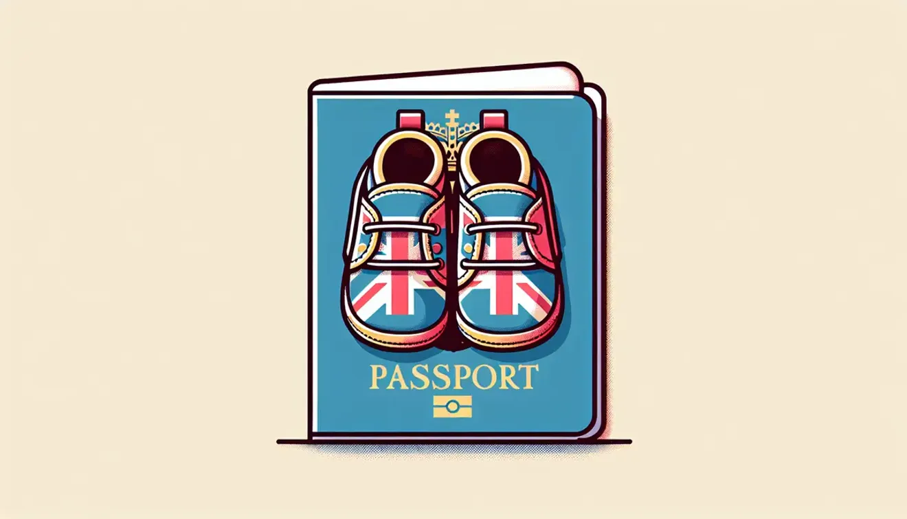 Illustration of a UK passport with baby shoes featuring the Union Jack, symbolizing citizenship and family