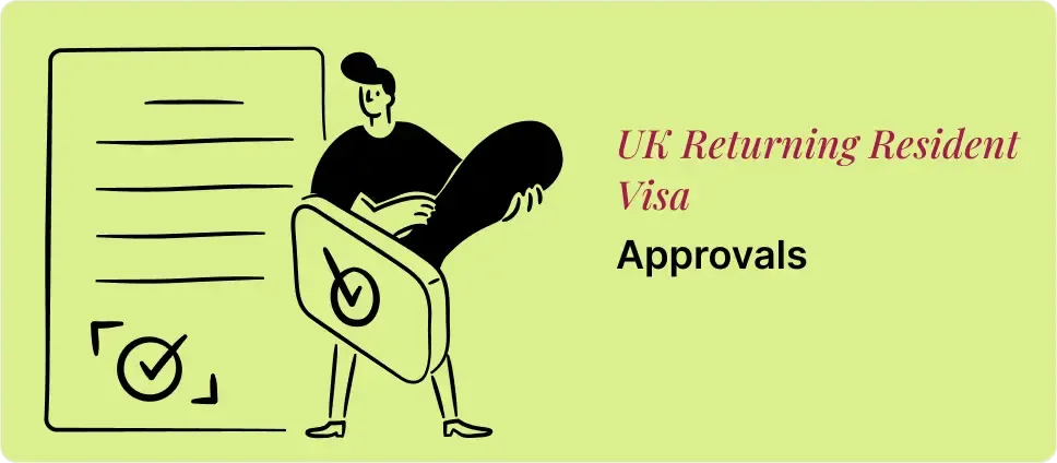 Illustration of UK Returning Resident Visa approval process, showing a person holding a large approval stamp with a checkmark and official documents