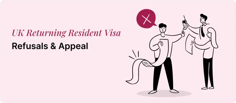 Illustration of UK Returning Resident Visa refusal and appeal process, showing individuals reviewing documents and a denial symbol