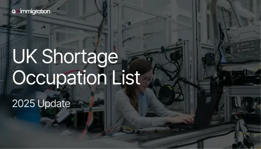 Cover slide showing UK Shortage Occupation List 2025 update with image of engineer working on a laptop