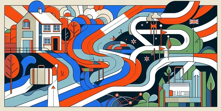 Abstract illustration depicting various UK travel elements, including a house, roads, suitcase, and British flag, in a vibrant and colorful design