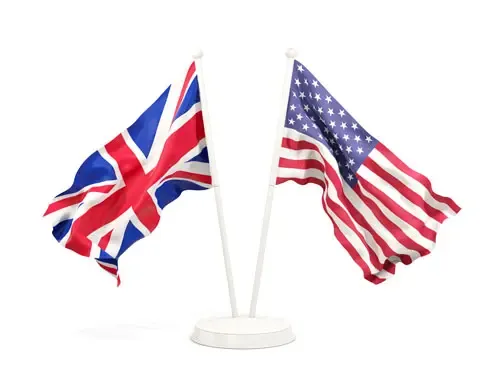 British and American flags on white background representing UK and USA relations