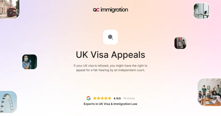 QC Immigration graphic outlining the UK visa appeal process, informing applicants of their rights to contest visa refusals through an independent court