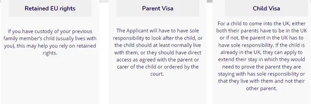 UK visa information for retained EU rights, parent visa, and child visa categories