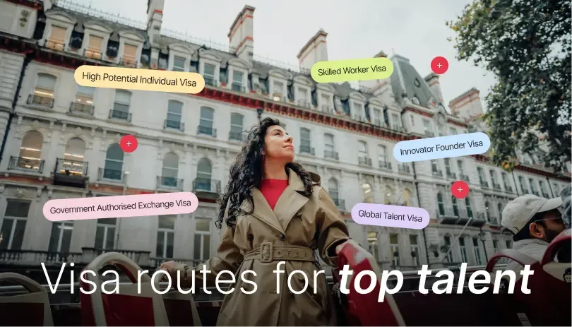 Woman with visa labels around her, highlighting various UK visa routes for top talent like Skilled Worker, Innovator, and Global Talent