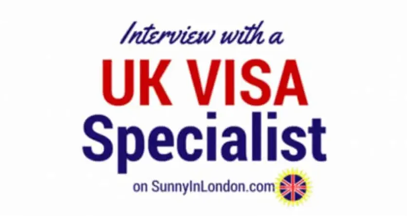 Promotional graphic reading "Interview with a UK Visa Specialist" with UK flag-themed badge and website branding