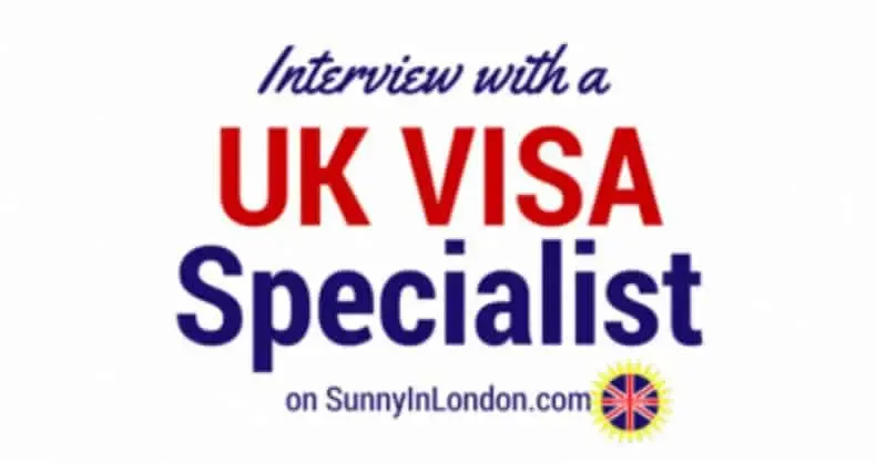 Promotional graphic reading "Interview with a UK Visa Specialist" with UK flag-themed badge and website branding
