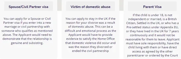 UK visa categories including spouse/civil partner, victim of domestic abuse, and parent visa explanations