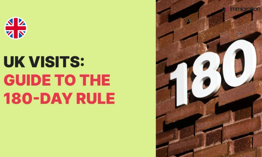 Guide to the UK visit visa 180-day rule with bold text on a yellow background and the number 180 displayed on a brick wall.