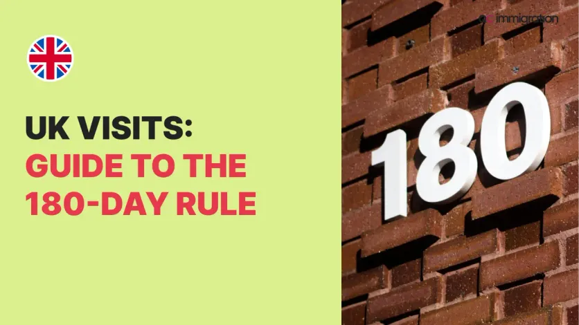 Guide to the UK visit visa 180-day rule with bold text on a yellow background and the number 180 displayed on a brick wall.