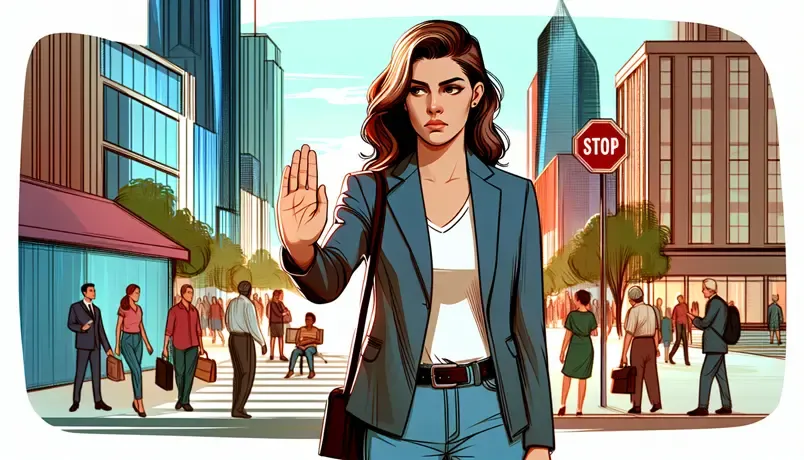Illustration of a confident woman making a stop gesture on a busy city street, symbolizing assertiveness and leadership