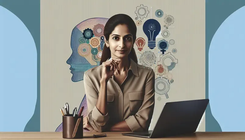 Woman sitting at a desk with a laptop, surrounded by illustrations of gears and light bulbs, symbolizing creativity, innovation, and problem-solving in a professional setting
