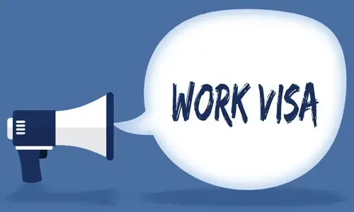 Megaphone with speech bubble displaying "Work Visa" on a blue background.