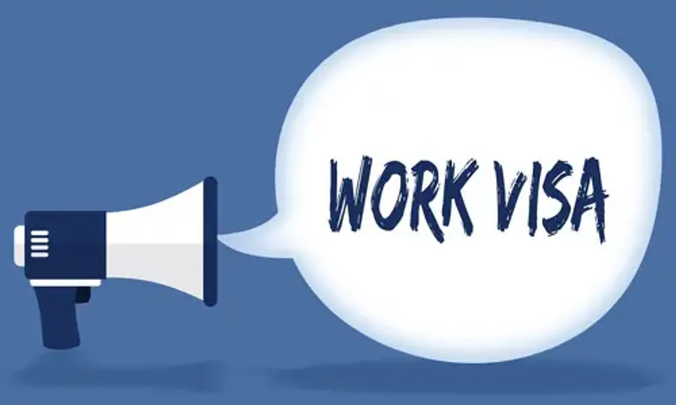 Megaphone with speech bubble displaying "Work Visa" on a blue background.